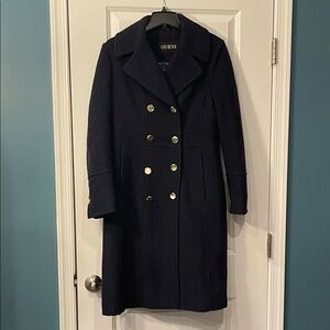 💖 GUESS Women's Dark Blue Long Wool Pea Coat with Gold Buttons